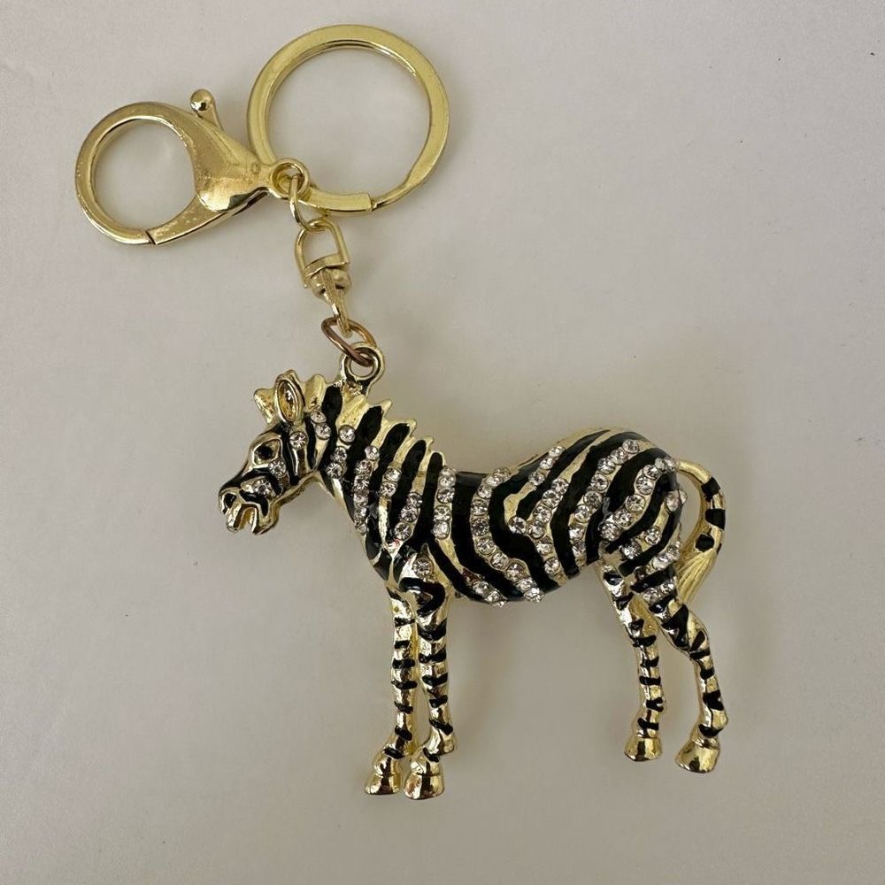 Gold tone black and rhinestone zebra keychain